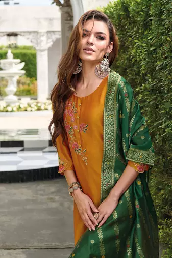 Mustard color woven and embroidered viscosee silk wedding wear women's suit
