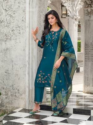 Teal color woven and embroidered viscose silk  fabric wedding wear women's suit 1