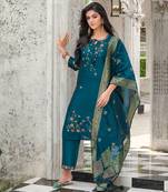 Teal color woven and embroidered viscose silk  fabric wedding wear women's suit