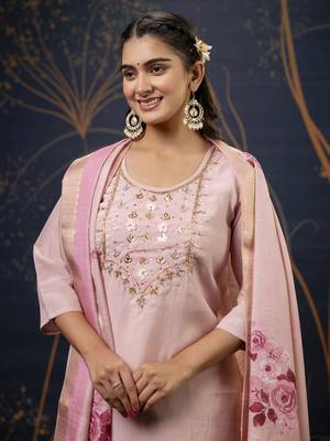 Baby pink color wevon with hand shimmar silk fabic readymade suit with dupatta 3