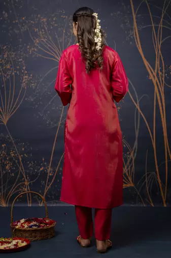 Pink color wevon with hand shimmar silk fabic readymade suit with dupatta