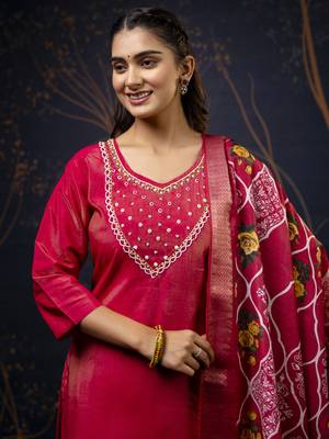 Pink color wevon with hand shimmar silk fabic readymade suit with dupatta 3