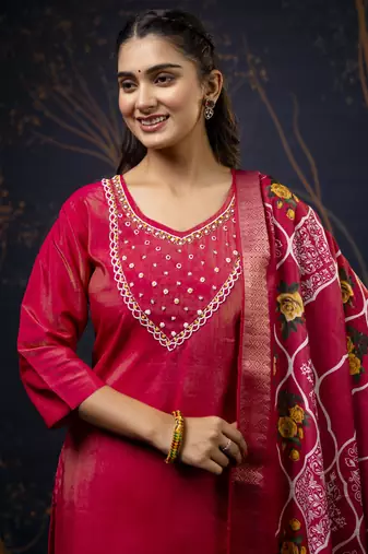 Pink color wevon with hand shimmar silk fabic readymade suit with dupatta
