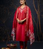 Red color wevon designer with hand work shimmar silk  fabic readymade suit with dupatta