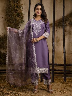 Lavender color embroidery silk blend fabic readymade suit with dupatta 1
