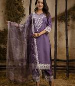 Lavender color designer embroidery work silk blend fabic readymade suit with dupatta