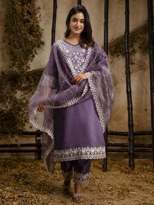Lavender color embroidery silk blend fabic readymade suit with dupatta 4