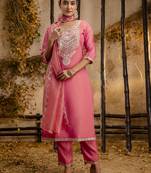 Peach color designer embroidery work silk blend fabic readymade suit with dupatta