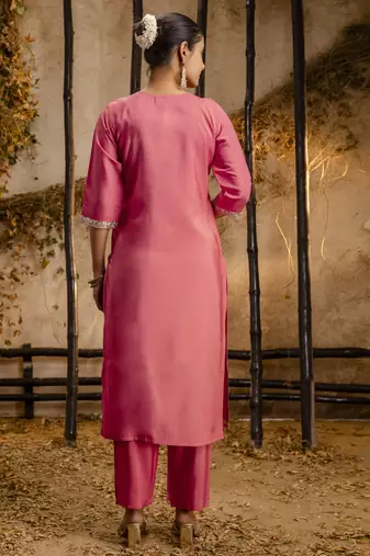Peach color embroidery silk blend fabic readymade suit with dupatta