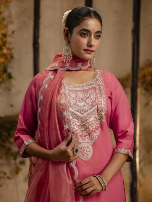 Peach color embroidery silk blend fabic readymade suit with dupatta 3