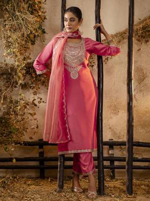 Peach color embroidery silk blend fabic readymade suit with dupatta 4