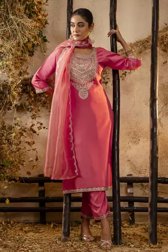 Peach color embroidery silk blend fabic readymade suit with dupatta