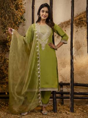 Pista color embroidery silk blend fabic readymade suit with dupatta 1