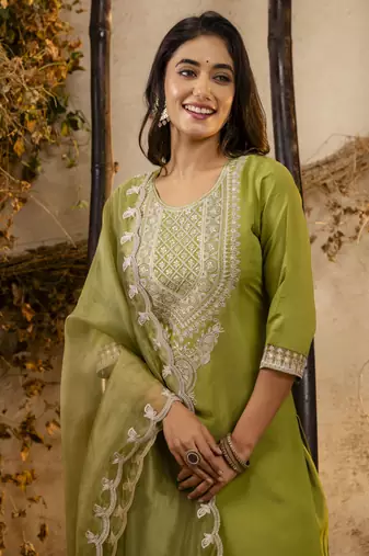 Pista color embroidery silk blend fabic readymade suit with dupatta