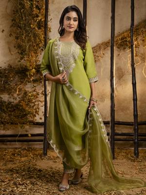 Pista color embroidery silk blend fabic readymade suit with dupatta 4