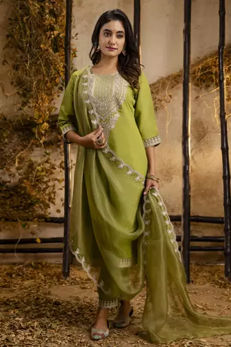 Pista color embroidery silk blend fabic readymade suit with dupatta