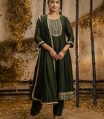 Heavy partywear silk blend green color kurta set for ceremonial wear