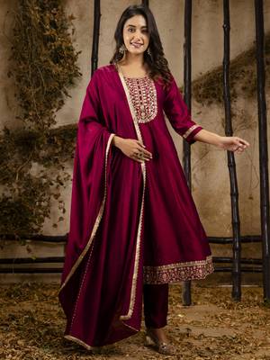Heavy partywear silk blend maroon color kurta set for ceremonial wear 1
