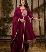 Heavy partywear silk blend maroon color kurta set for ceremonial wear