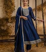 Heavy partywear silk blend blue color kurta set for ceremonial wear