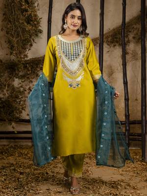 Heavy partywear viscosee rayon lemon color kurta set for ceremonial wear 1