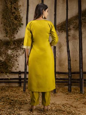 Heavy partywear viscosee rayon lemon color kurta set for ceremonial wear 2