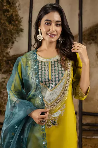 Heavy partywear viscosee rayon lemon color kurta set for ceremonial wear
