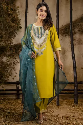 Heavy partywear viscosee rayon lemon color kurta set for ceremonial wear
