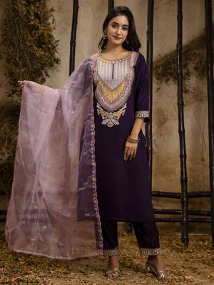 Heavy partywear viscosee rayon purple color kurta set for ceremonial wear 1