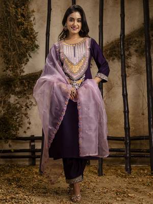 Heavy partywear viscosee rayon purple color kurta set for ceremonial wear 4