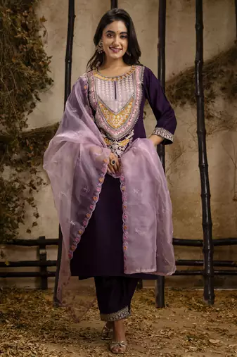 Heavy partywear viscosee rayon purple color kurta set for ceremonial wear