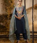 Heavy partywear viscose rayon teal color kurta set for ceremonial wear