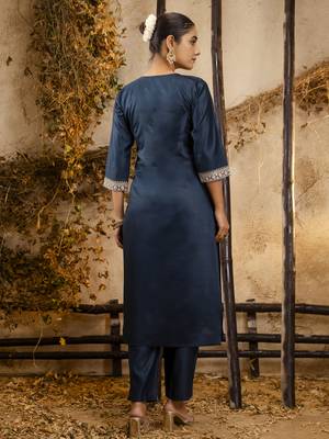Heavy partywear viscosee rayon teal color kurta set for ceremonial wear 2