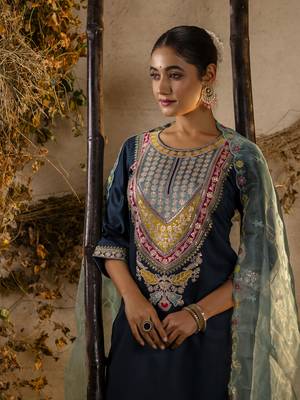 Heavy partywear viscosee rayon teal color kurta set for ceremonial wear 3