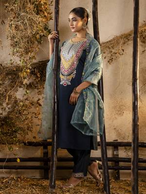 Heavy partywear viscosee rayon teal color kurta set for ceremonial wear 4