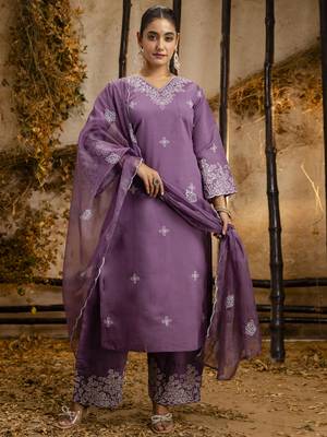 Heavy partywear silk blend lavender color kurta set for ceremonial wear 1