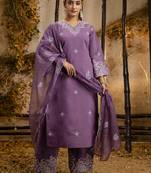 Heavy partywear silk blend lavender color kurta set for ceremonial wear