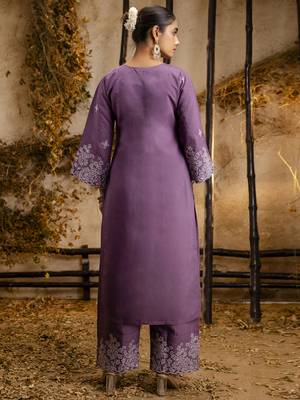 Heavy partywear silk blend lavender color kurta set for ceremonial wear 2