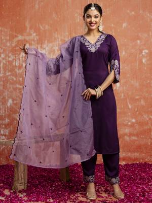 Heavy partywear silk blend purple color kurta set for ceremonial wear 1