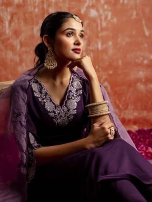 Heavy partywear silk blend purple color kurta set for ceremonial wear 3