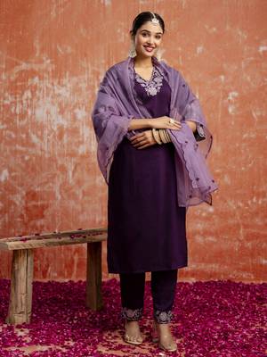 Heavy partywear silk blend purple color kurta set for ceremonial wear 4