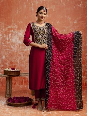 Heavy partywear viscose rayon   maroon color kurta set for ceremonial wear 1