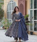 Blue color blended cotton designer printed partywear attire
