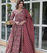 Maroon color blended cotton designer printed partywear attire