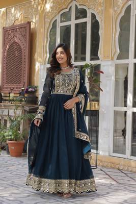 Rama color faux georgette heavy zari and sequins bridesmaid gown with dupatta 1