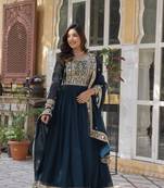 Rama color faux georgette fabric heavy zari and sequins work bridesmaid gown with dupatta