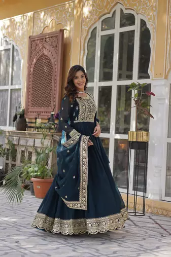 Rama color faux georgette heavy zari and sequins bridesmaid gown with dupatta
