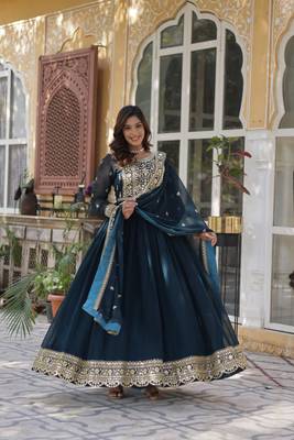 Rama color faux georgette heavy zari and sequins bridesmaid gown with dupatta 4