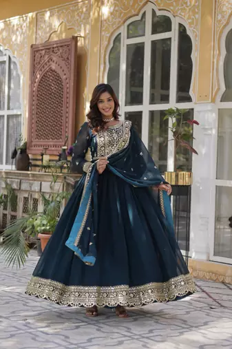 Rama color faux georgette heavy zari and sequins bridesmaid gown with dupatta