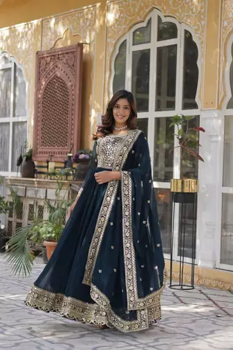 Rama color faux georgette heavy zari and sequins bridesmaid gown with dupatta
